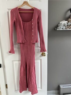 Dusty Rose Ribbed Knit Two-Piece Set - Dress & Cardigan - M